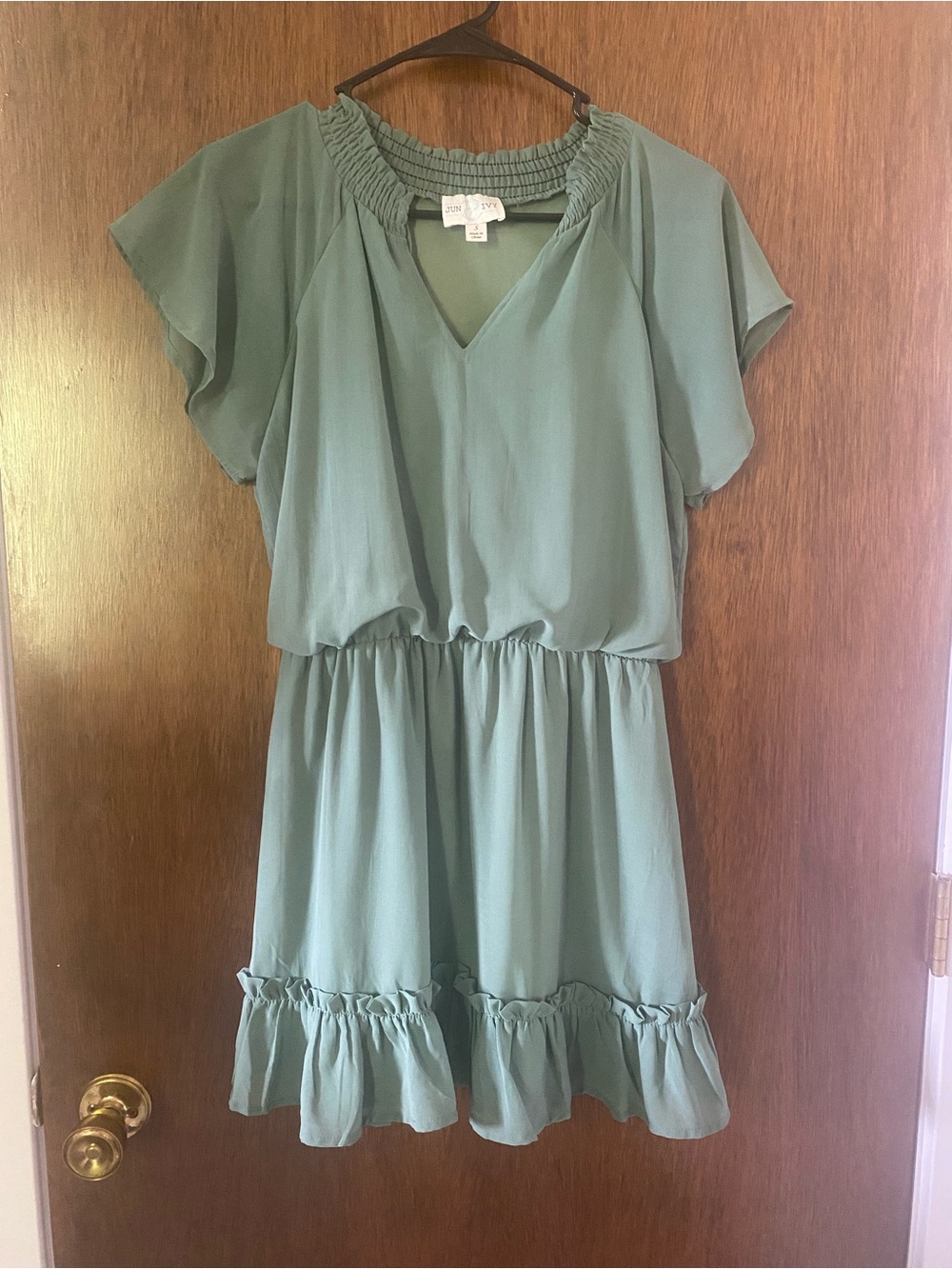 Women's Sage Green Smocked Neck Ruffle-Hem Dress